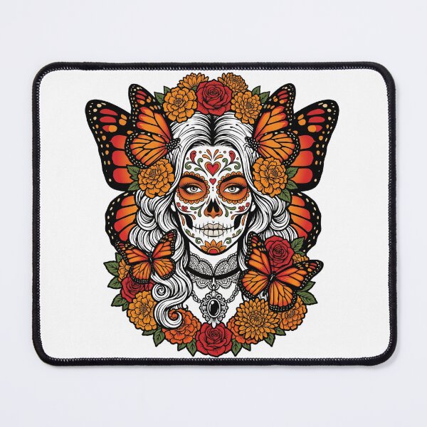 Item preview, Day of the Dead Sugar Skull Woman with Monarch Butterflies and Marigolds designed and sold by BumbleBloom7.