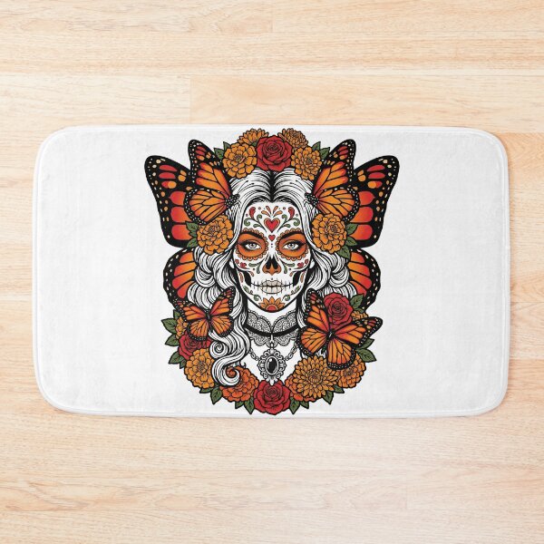 Item preview, Day of the Dead Sugar Skull Woman with Monarch Butterflies and Marigolds designed and sold by BumbleBloom7.