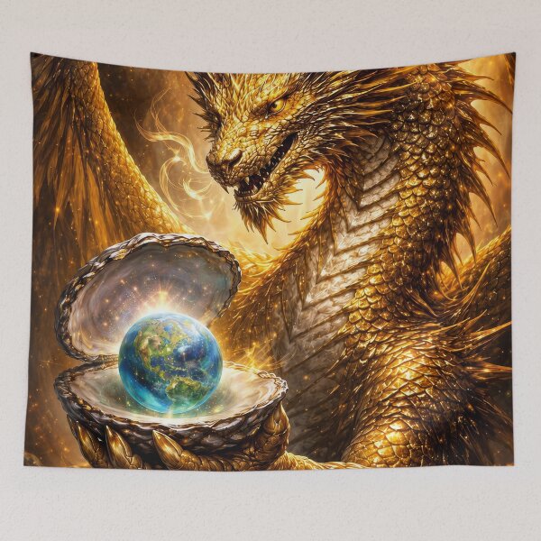 Artikelvorschau, Goldener kosmischer Drache hält die Erde | Fantasy-Kunst mit himmlischen Drachen entworfen und verkauft von DrakariArt.