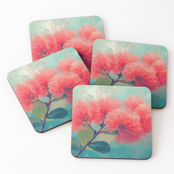 Item preview, Calliandra Flower Art, Red Coral Teal Tropical Floral Illustration designed and sold by daila70.