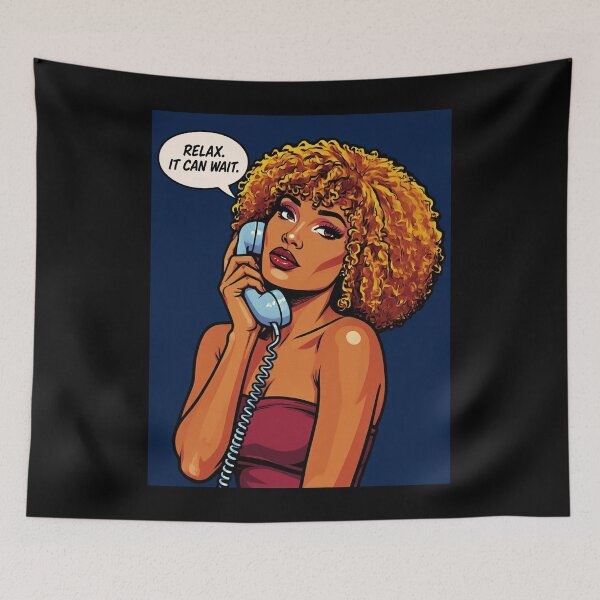 Item preview, Relax It Can Wait – Navy Berry Retro Pop Art Woman Phone Illustration designed and sold by SabraDD.