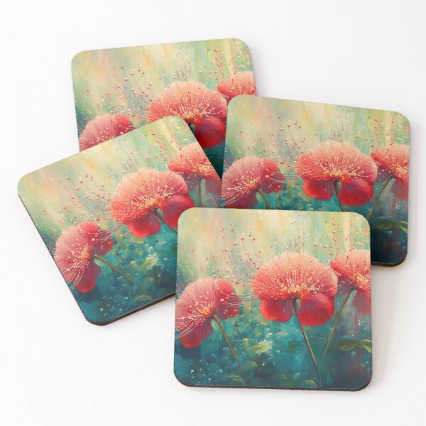 Item preview, Exotic Red Flower Art, Tropical Calliandra Teal Green Floral Print designed and sold by daila70.