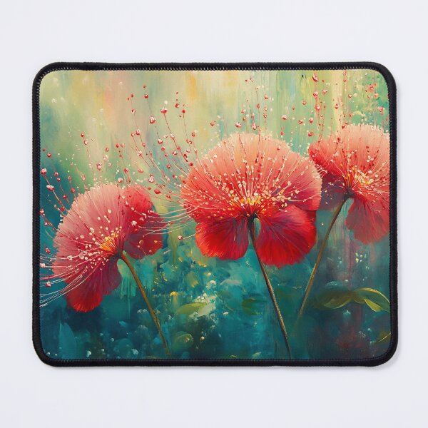 Item preview, Exotic Red Flower Art, Tropical Calliandra Teal Green Floral Print designed and sold by daila70.