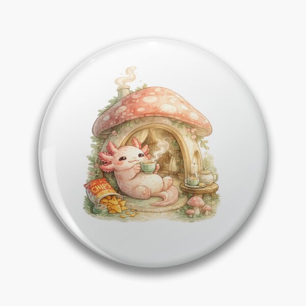 Item preview, Chubby Axolotl Sipping Tea in Mushroom House – Soft Pastel Watercolor Cute Illustration designed and sold by OnPointOutfits.