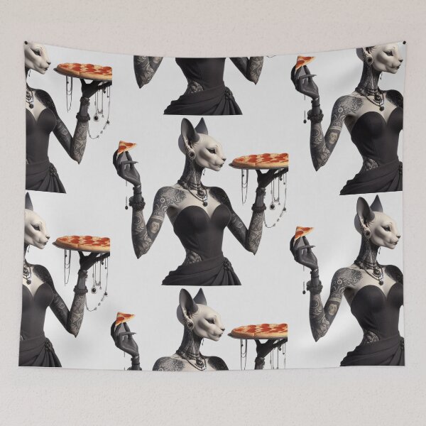 Item preview, Gothic Sphynx Cat Goddess with Pizza designed and sold by LujziWorld.