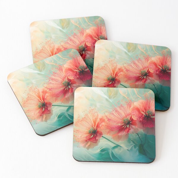 Item preview, Red Powder Puff Flower Art, Exotic Tropical Teal Green Floral Print designed and sold by daila70.