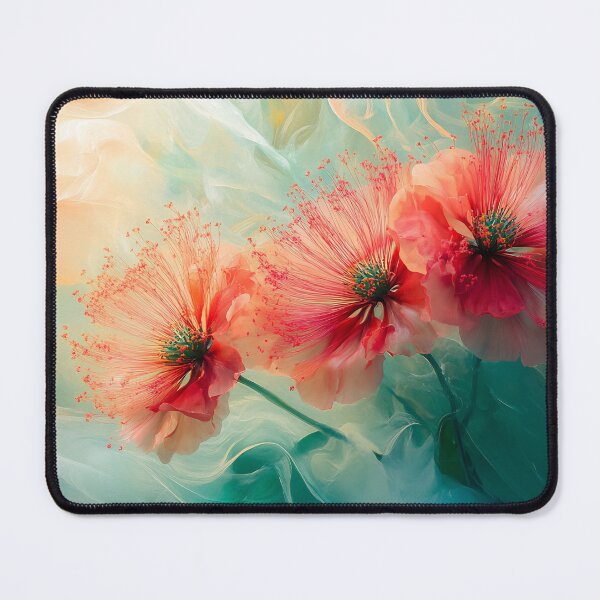 Item preview, Red Powder Puff Flower Art, Exotic Tropical Teal Green Floral Print designed and sold by daila70.
