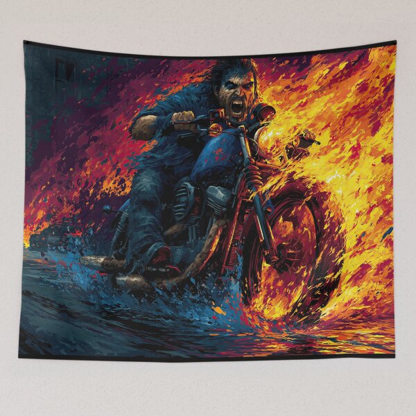 Item preview, Blue Motorcycle and Rider Splashing Through Fire designed and sold by Piotrek0001.