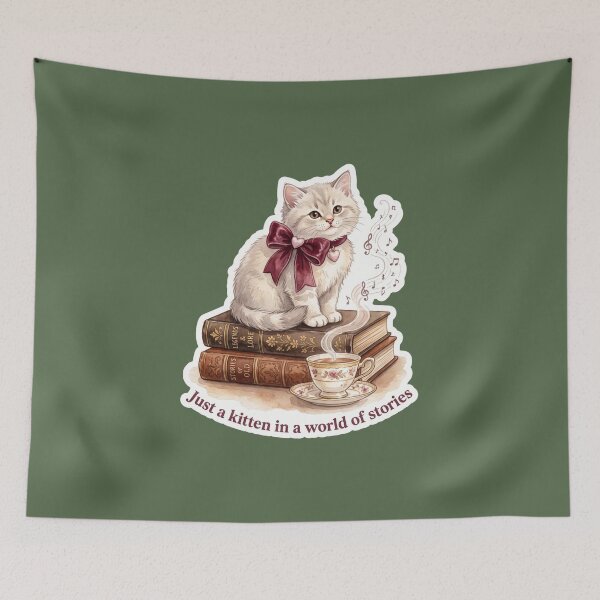 Item preview, Vintage Kitten wearing bows In A World Of Stories Literary Cat  designed and sold by Rahaf-shop9.