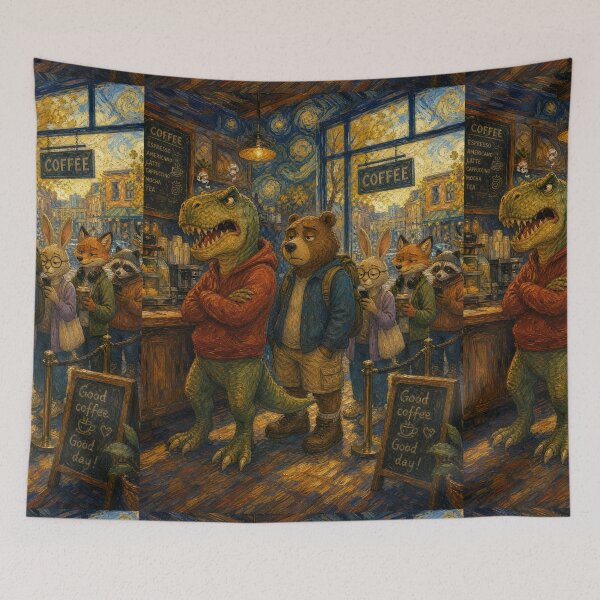 Item preview, Dinosaur Waiting In Coffee Shop - Funny Classical Painting Parody designed and sold by merchxwear.