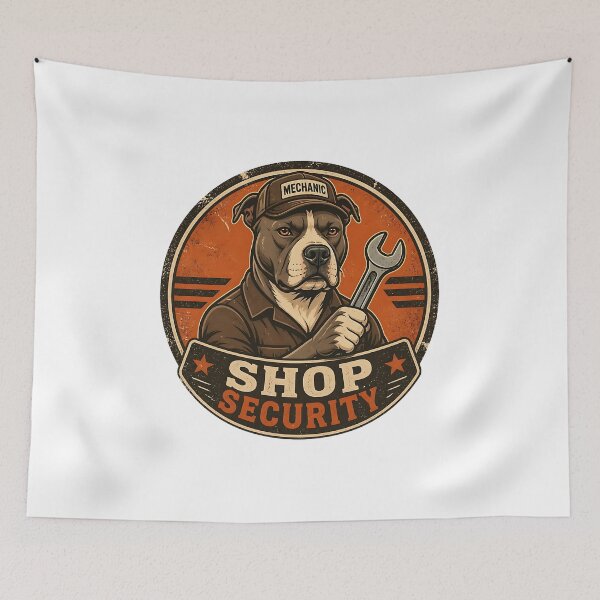 Item preview, Pitbull Shop Security - Vintage Retro Dog Dad Garage Badge designed and sold by Breed And Build.