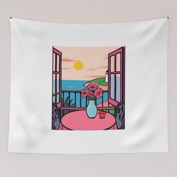 Item preview, Pink Coastal Balcony View with Lighthouse Art designed and sold by FnaneDriss.
