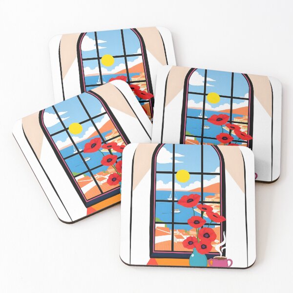 Item preview, Coastal Window View with Red Poppies and Morning Coffee designed and sold by FnaneDriss.