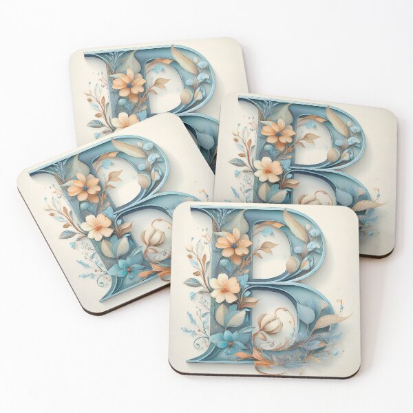 Item preview, Letter B initial, blue and beige monogram floral botanicals watercolor painting abstract style, flowers and leaves, neutral pastel colors designed and sold by navitalidesign.