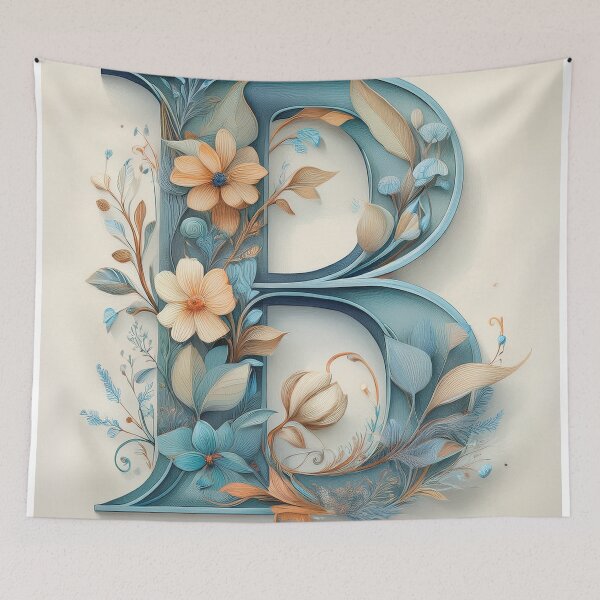 Item preview, Letter B initial, blue and beige monogram floral botanicals watercolor painting abstract style, flowers and leaves, neutral pastel colors designed and sold by navitalidesign.