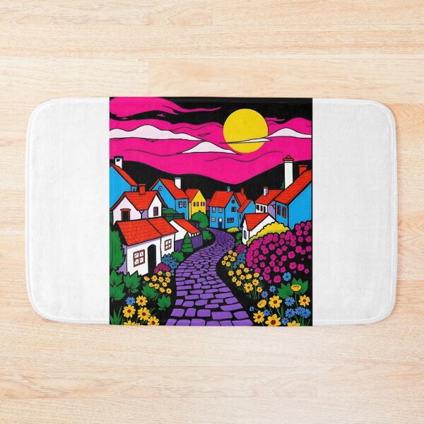Item preview, Neon Night Village Under a Vibrant Pink Sunset designed and sold by FnaneDriss.