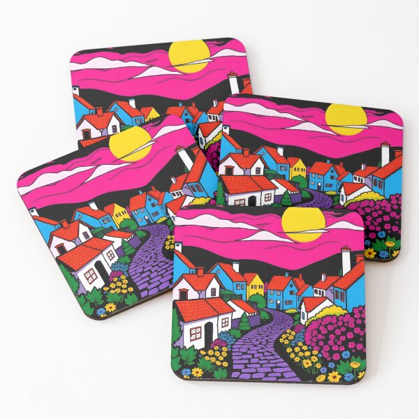 Item preview, Neon Night Village Under a Vibrant Pink Sunset designed and sold by FnaneDriss.