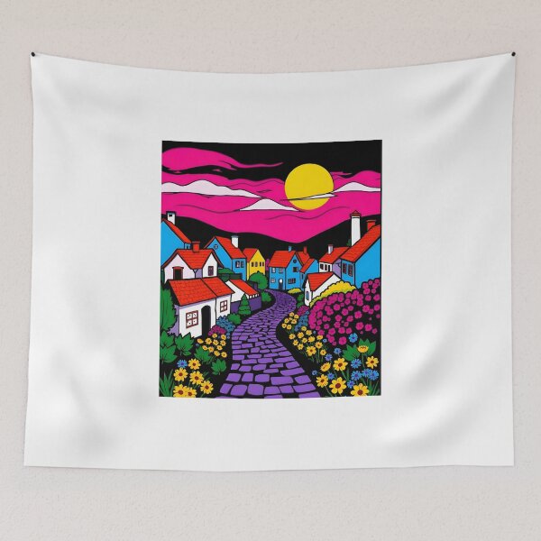 Item preview, Neon Night Village Under a Vibrant Pink Sunset designed and sold by FnaneDriss.