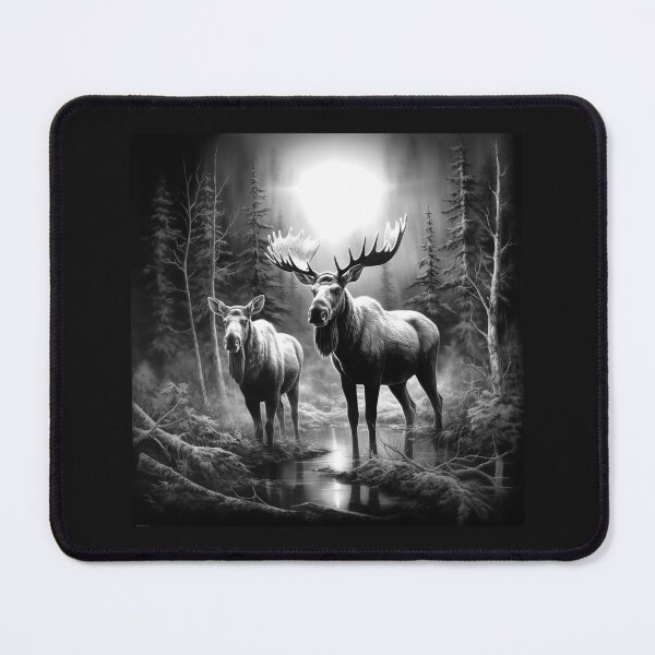 Item preview, Black and White Moose Pair Forest Moonlight Art designed and sold by inkoutninja.