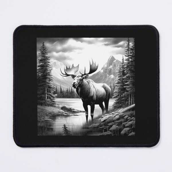 Item preview, Black and White Moose Mountain Lake Wildlife Art designed and sold by inkoutninja.