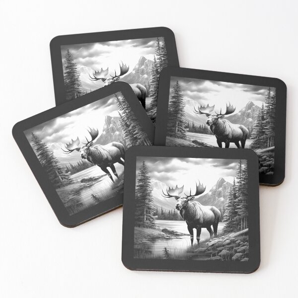 Item preview, Black and White Moose Mountain Lake Wildlife Art designed and sold by inkoutninja.