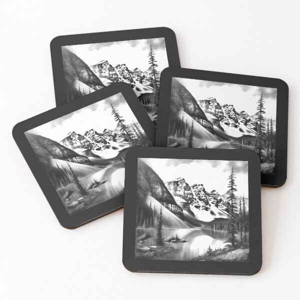 Item preview, Black and White Mountain Lake Landscape Art designed and sold by inkoutninja.