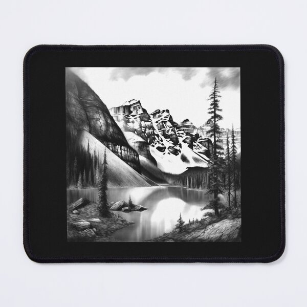 Item preview, Black and White Mountain Lake Landscape Art designed and sold by inkoutninja.