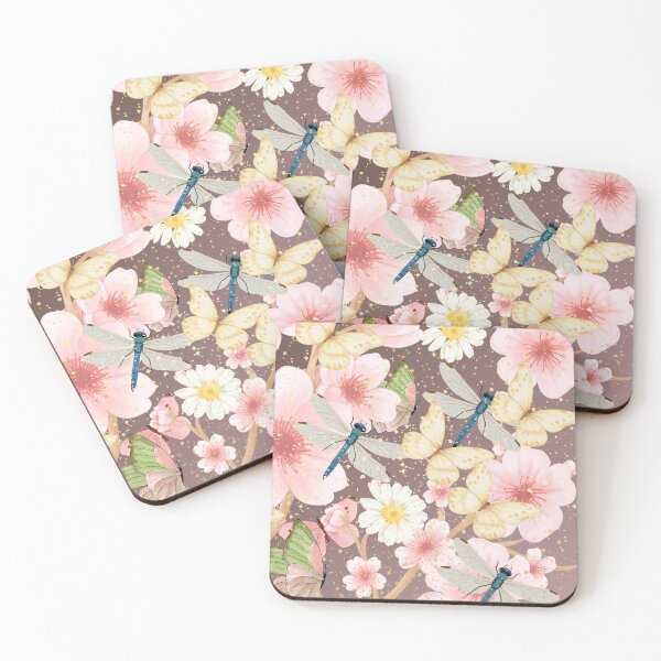Item preview, : Butterfly Dragonfly Cherry Blossom Daisy Gold Mauve Floral Art Print designed and sold by Extremeallie.