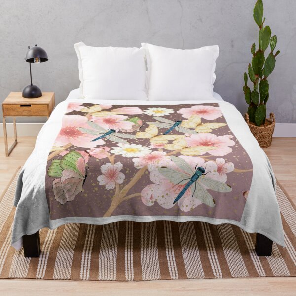 Item preview, : Butterfly Dragonfly Cherry Blossom Daisy Gold Mauve Floral Art Print designed and sold by Extremeallie.