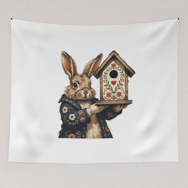 Item preview, Woodland Bunny with Birdhouse Folk Art designed and sold by AQUILAKREO.