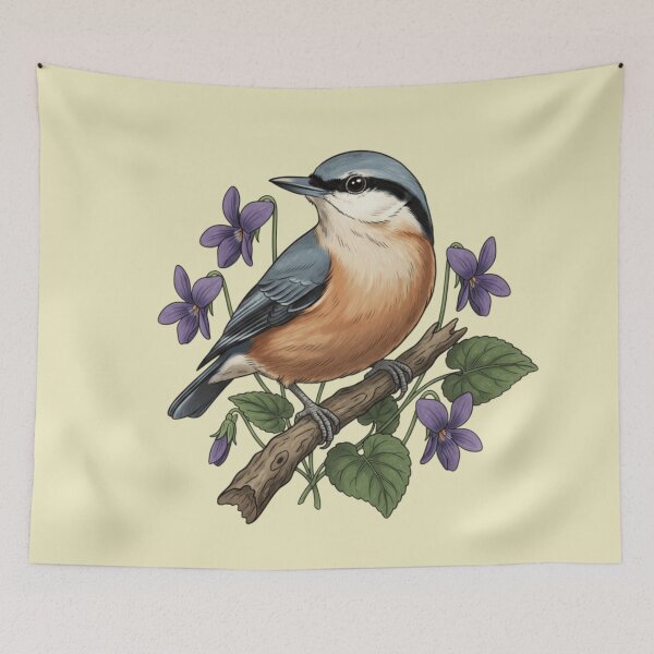 Item preview, Eurasian Nuthatch Floral Art Illustration designed and sold by BirdsnStuff.