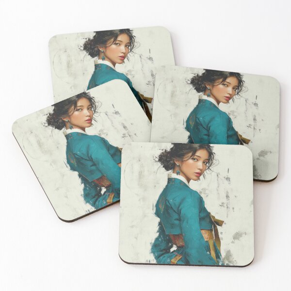 Item preview, Elegant Korean Woman in Teal Hanbok Portrait designed and sold by colorful-white.