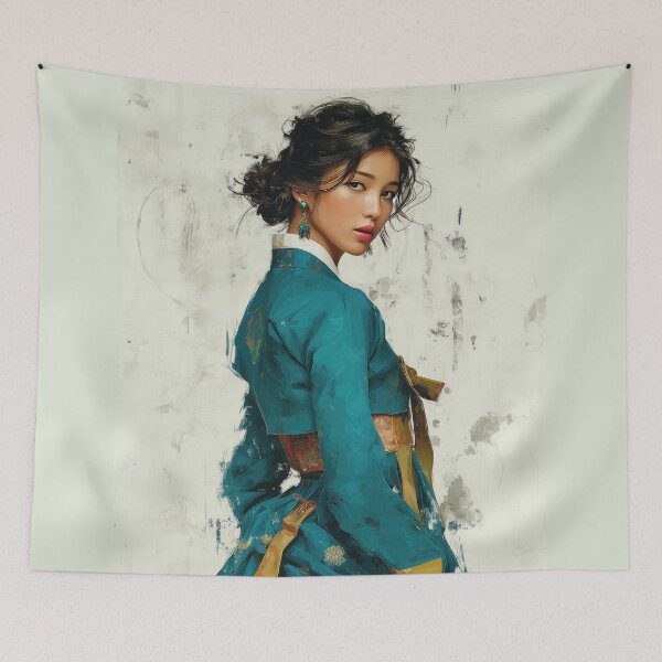 Item preview, Elegant Korean Woman in Teal Hanbok Portrait designed and sold by colorful-white.