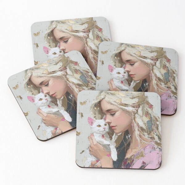 Item preview, Blonde Girl Cuddling Cute White Kitten Painting designed and sold by colorful-white.