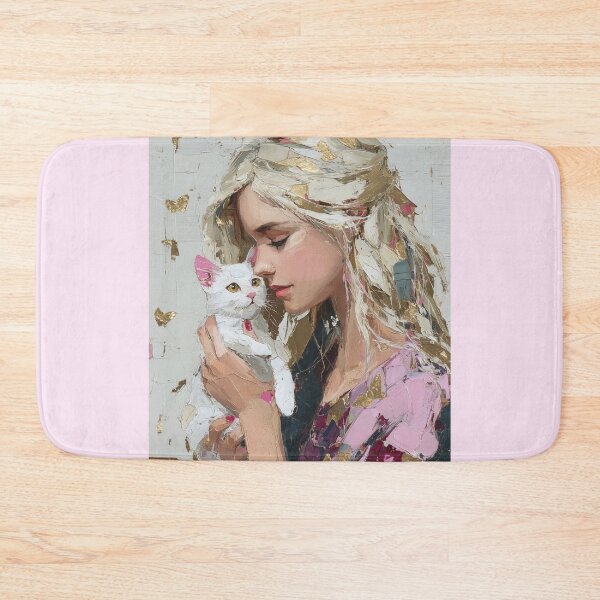Item preview, Blonde Girl Cuddling Cute White Kitten Painting designed and sold by colorful-white.