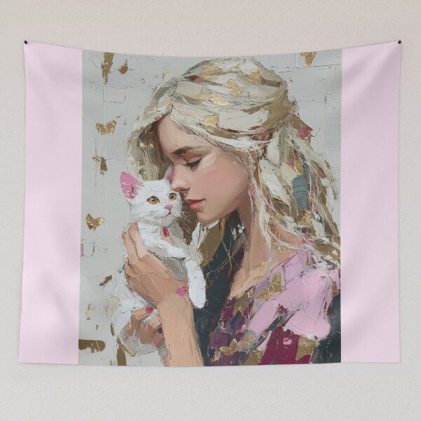 Item preview, Blonde Girl Cuddling Cute White Kitten Painting designed and sold by colorful-white.
