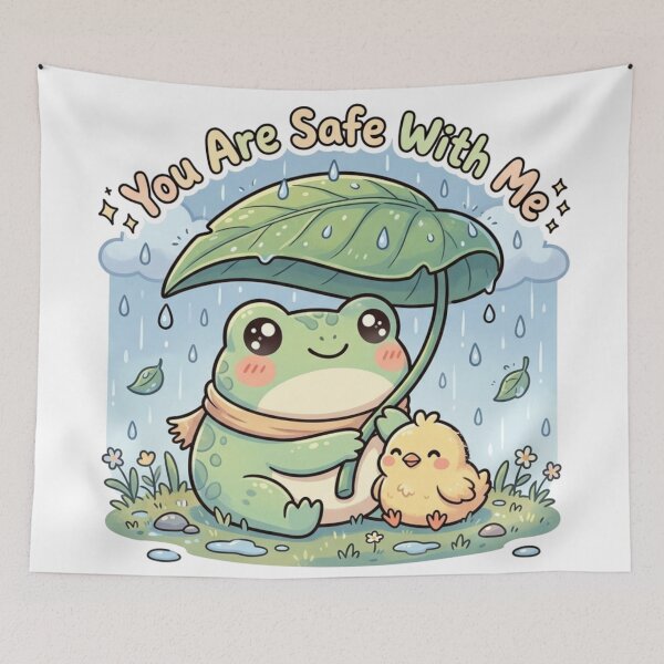Item preview, You Are Safe With Me – Frog Protecting Tiny Chick in Rain designed and sold by ArtsyExplorer.