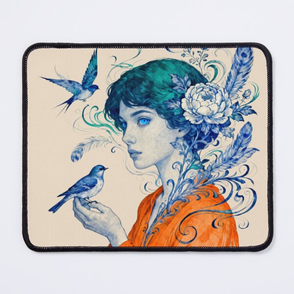 Item preview, Ethereal Blue Bird Girl Watercolor Fantasy Art designed and sold by KiraChie.