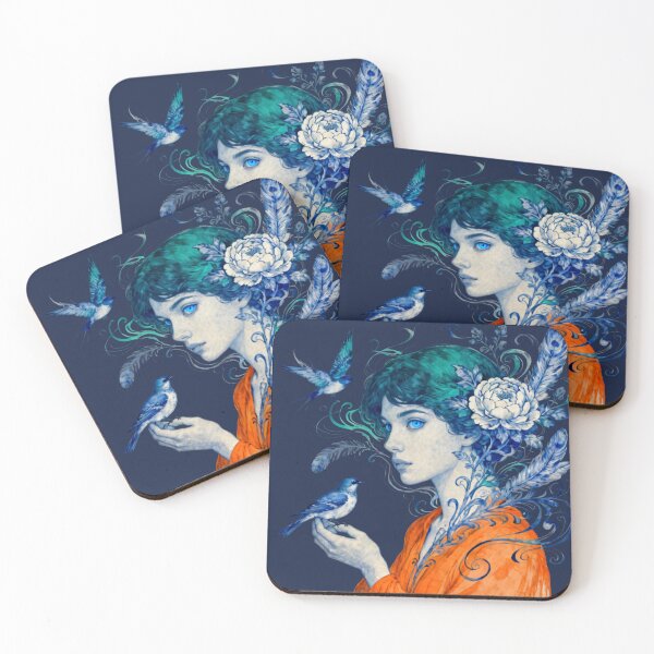 Item preview, Ethereal Blue Bird Girl Watercolor Fantasy Art designed and sold by KiraChie.