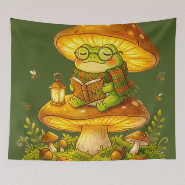 Item preview, Reading Frog on Mushroom - Cute Bookworm Cottagecore Aesthetic Art designed and sold by MT-Hub | Art for Every Soul.