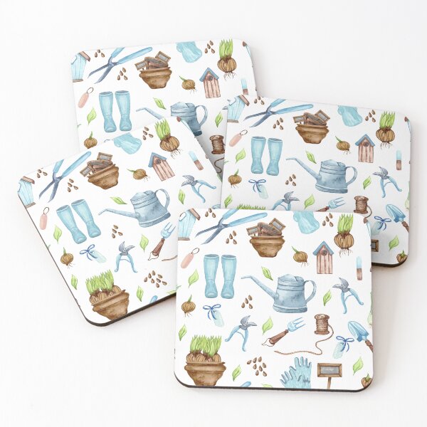 Item preview, Watercolor Gardening Tools and Spring Garden Pattern designed and sold by JackedUpArt.