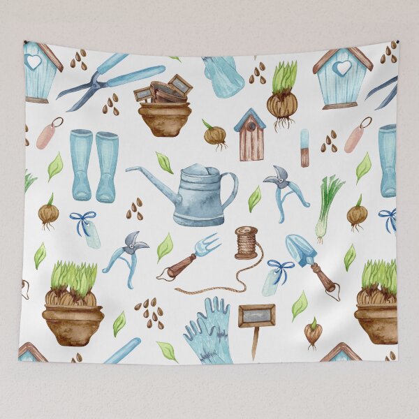 Item preview, Watercolor Gardening Tools and Spring Garden Pattern designed and sold by JackedUpArt.