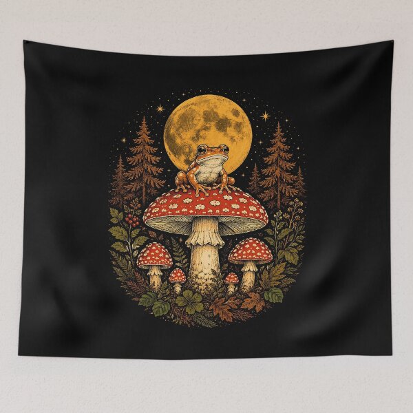 Item preview, Moonlit Forest With Frog And Mushrooms designed and sold by Funny Vintage Stickers And T-Shirts.
