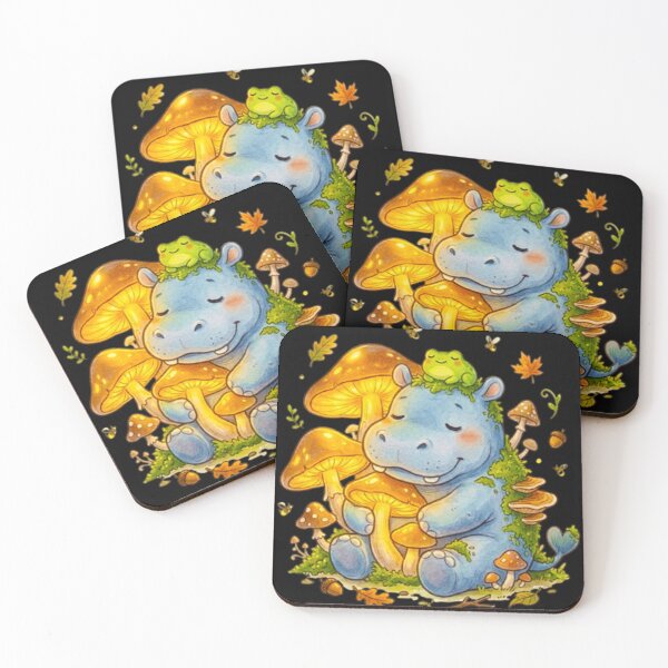 Item preview, Kawaii Hippo and Frog Hugging Glowing Mushrooms - Cute Nature Illustration designed and sold by MT-Hub | Art for Every Soul.
