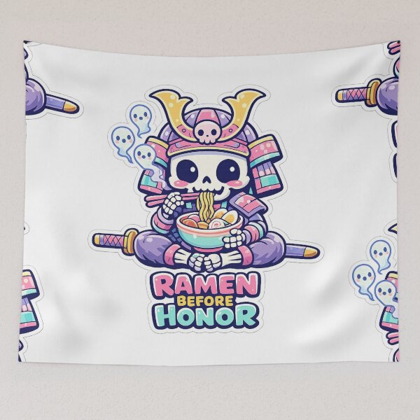 Item preview, Ramen Before Honor Kawaii Skeleton Samurai Noodle Lover Sticker designed and sold by Ecocrushstudio.