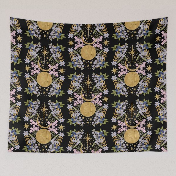 Item preview, An enchanting celestial display featuring a golden crescent moon and sun surrounded by delicate purple wildflowers and lavender. designed and sold by Grin Katalina Floral Patterns & Cozy Art.