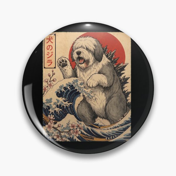 Item preview, Old English Sheepdog Dogzilla Japanese Wave Art Dog Owner designed and sold by TerryConnells.
