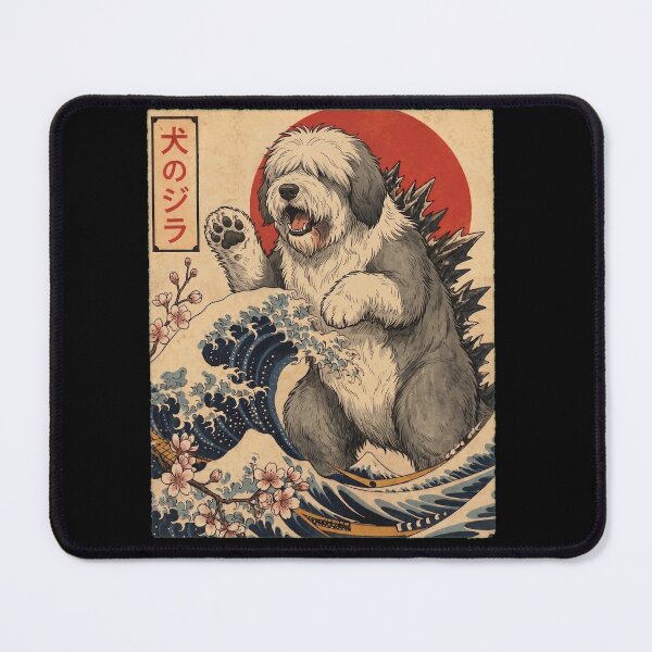 Item preview, Old English Sheepdog Dogzilla Japanese Wave Art Dog Owner designed and sold by TerryConnells.