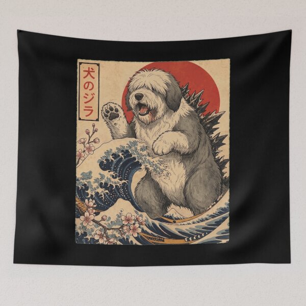 Item preview, Old English Sheepdog Dogzilla Japanese Wave Art Dog Owner designed and sold by TerryConnells.