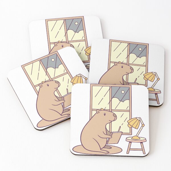 Item preview, cozy capybara journaling beside rainy window, warm lamp light, healing atmosphere, pastel aesthetic designed and sold by Senglaopattern.